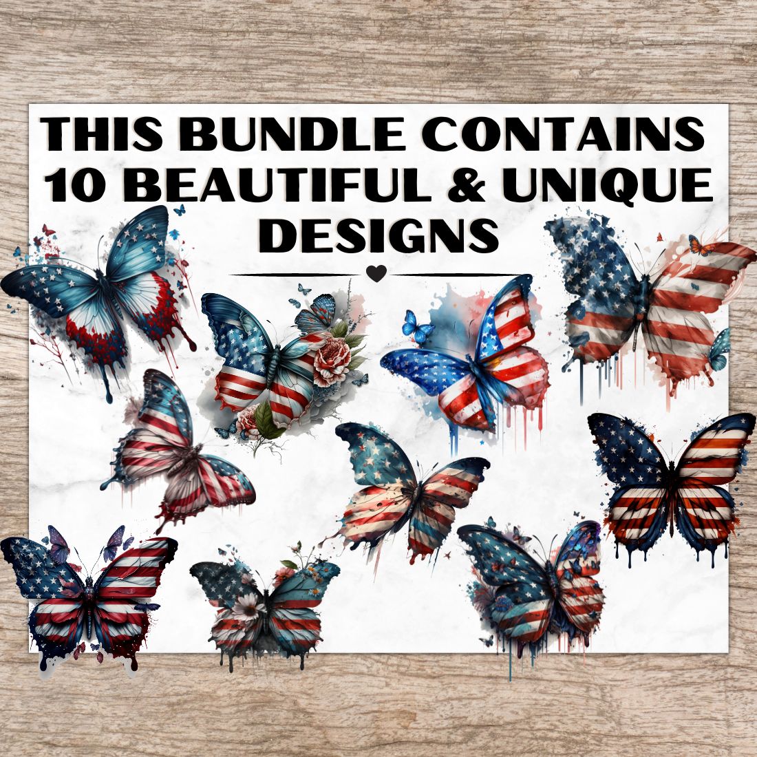 10 American Flag 4th of July Butterfly PNG, American Flag Butterfly, 4th of July Watercolor Clipart, Transparent PNG, Digital Paper Craft, Watercolor Clipart for Scrapbook, Invitation, Wall Art, T-Shirt Design preview image.