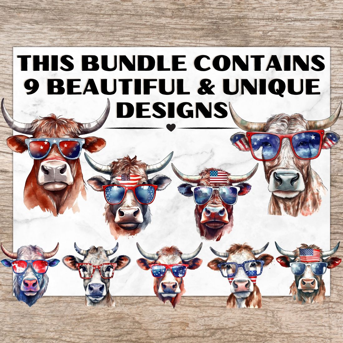9 American Bull & Cow PNG, 4th of July Watercolor Clipart, Cow with Glasses, Transparent PNG, Digital Paper Craft, Illustrations, Watercolor Clipart for Scrapbook, Invitation, Wall Art, T-Shirt Design preview image.