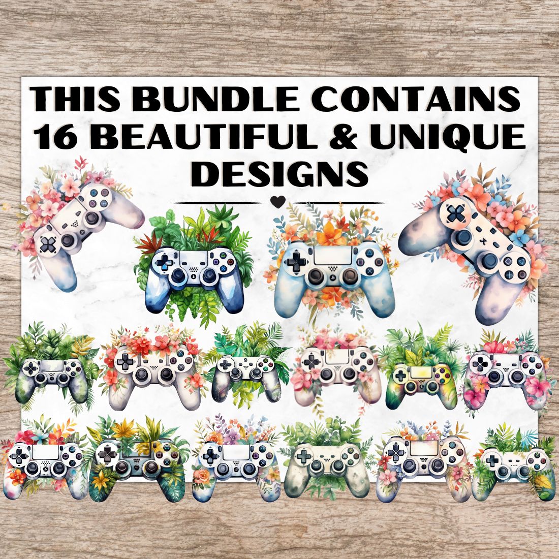 16 Floral Gaming Controller PNG, Gaming Watercolor Clipart, Transparent PNG, Digital Paper Craft, Watercolor Clipart for Scrapbook, Invitation, Wall Art, T-Shirt Design preview image.