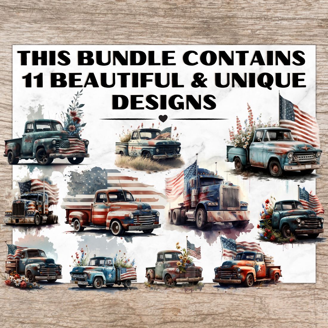 11 American 4th of July Truck PNG, American Trucks Watercolor Clipart, Transparent PNG, Digital Paper Craft, Watercolor Clipart for Scrapbook, Invitation, Wall Art, T-Shirt Design preview image.