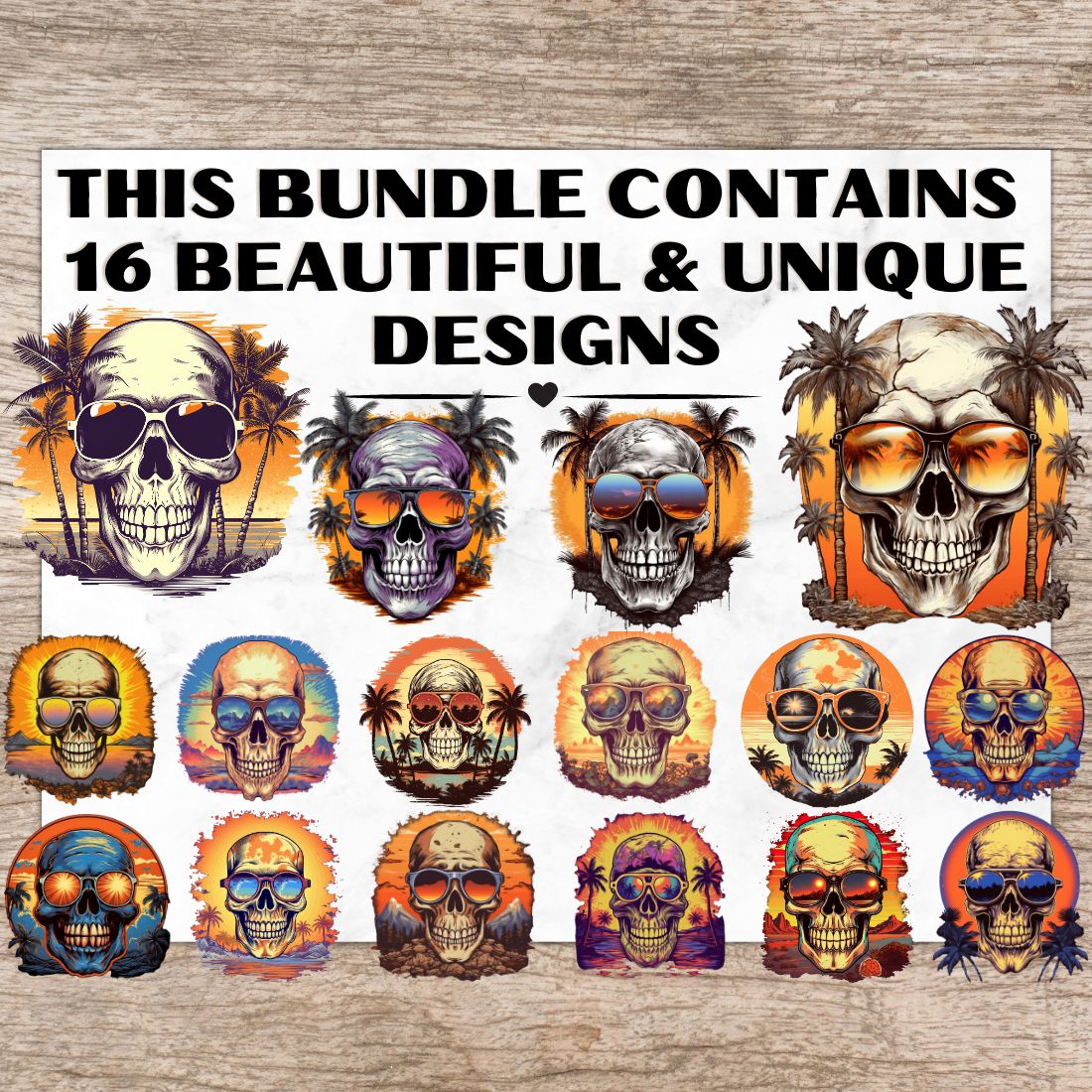 16 Sunset Skull PNG, Skull Watercolor Clipart, Skulls with sunglasses, Transparent PNG, Digital Paper Craft, Watercolor Clipart for Scrapbook, Invitation, Wall Art, T-Shirt Design preview image.