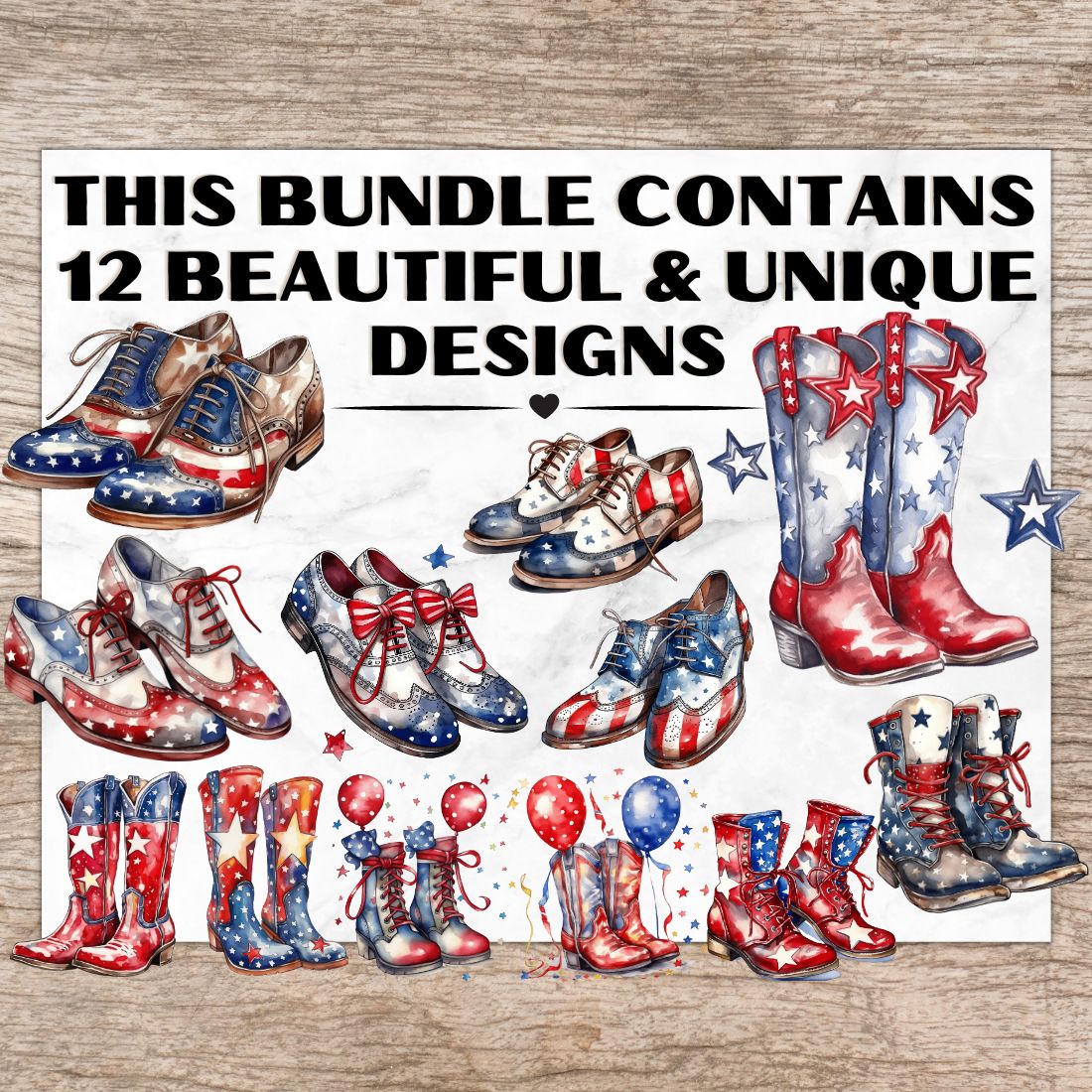 12 American Boots PNG, Watercolor Clipart, 4th of July, American Shoes, Transparent PNG, Digital Paper Craft, Illustrations, Watercolor Clipart For Scrapbook, Invitation, Wall Art, T-Shirt Design preview image.