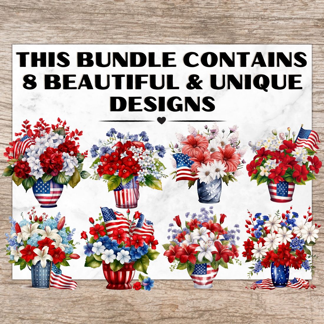 8 American Flag 4th July Flower Arrangement PNG, Watercolor Clipart, 4th of July Flowers, Transparent PNG, Digital Paper Craft, Watercolor Clipart for Scrapbook, Invitation, Wall Art, T-Shirt Design preview image.