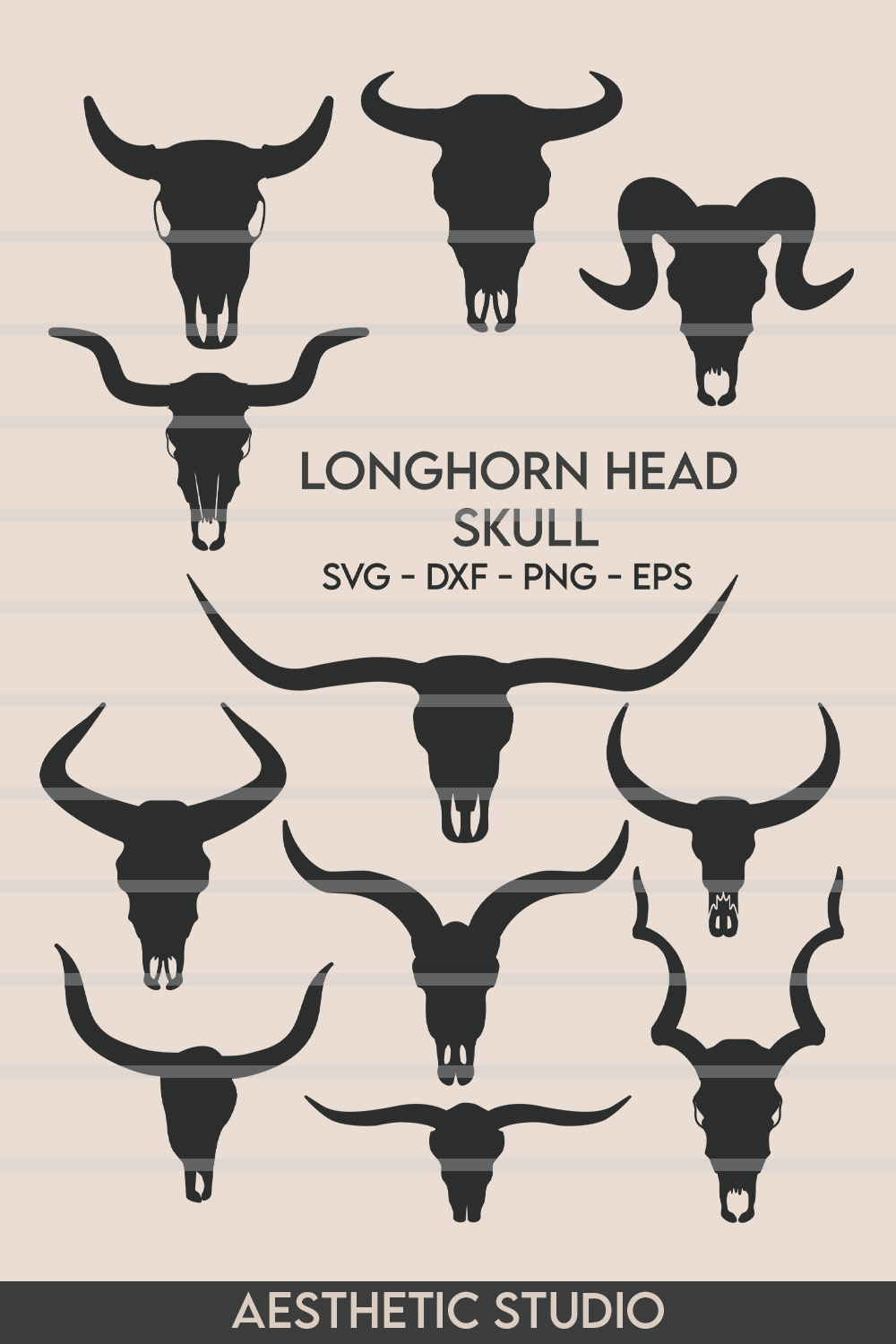 Longhorn Head Skull SVG, Longhorn Head Skull, Longhorn Head Svg, Cow Skull, Clipart, Bull Skull, Silhouette, Vector pinterest preview image.