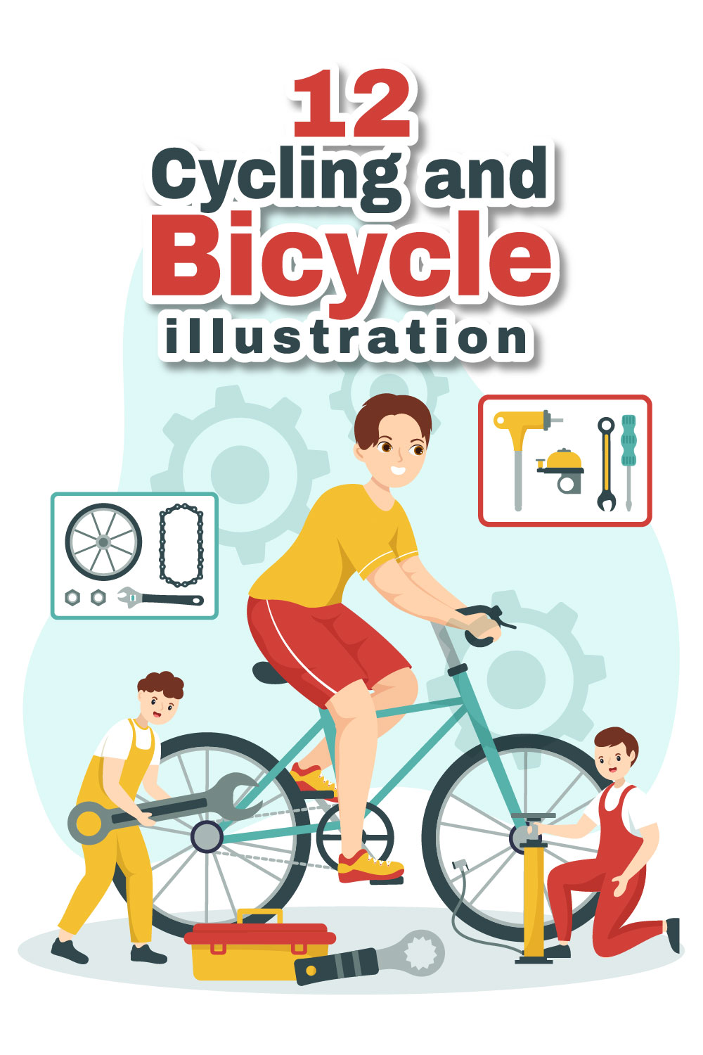 12 Cycling and Bicycle Tool Set Illustration pinterest preview image.