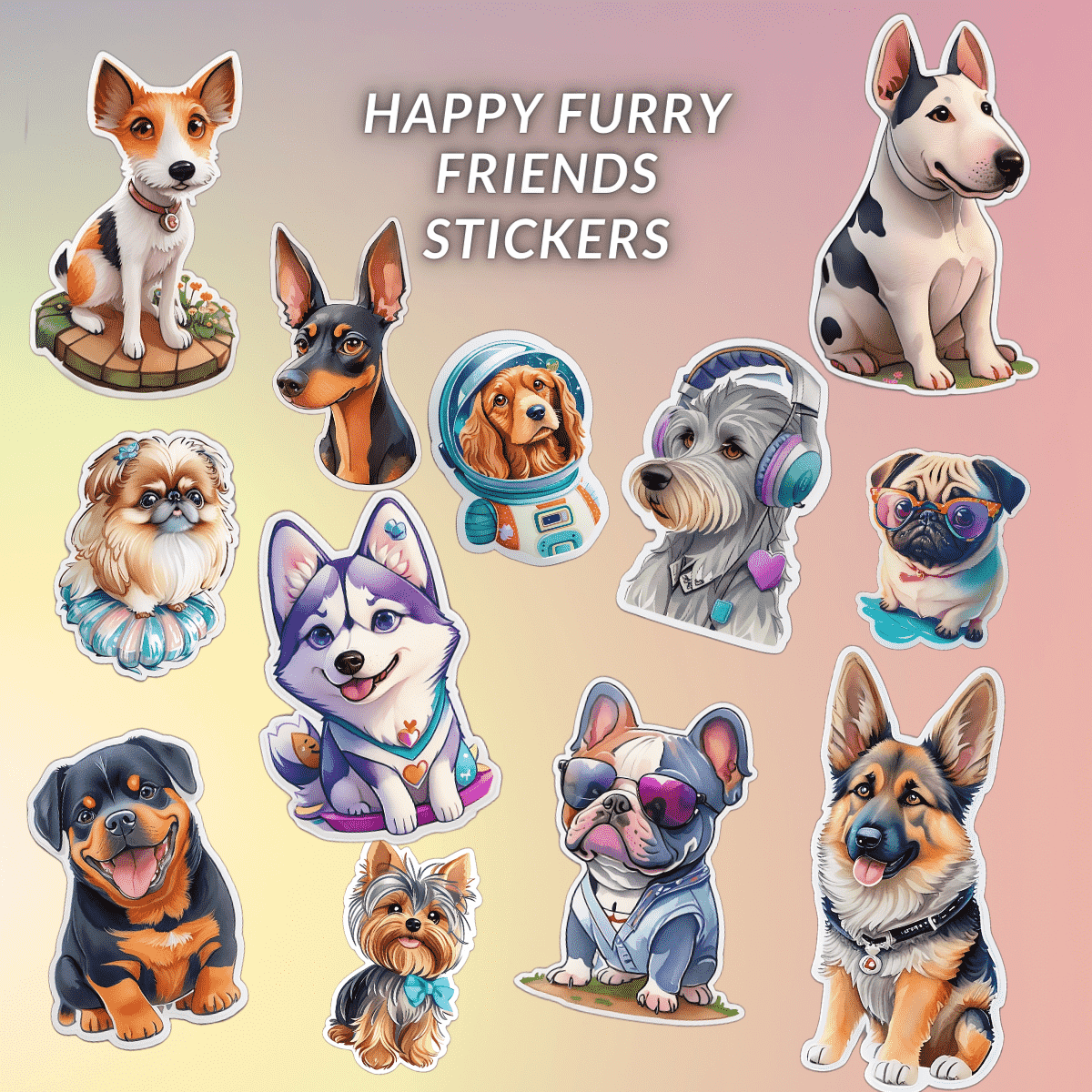 Happy Furry Friends | 12 Png Stickers preview image.