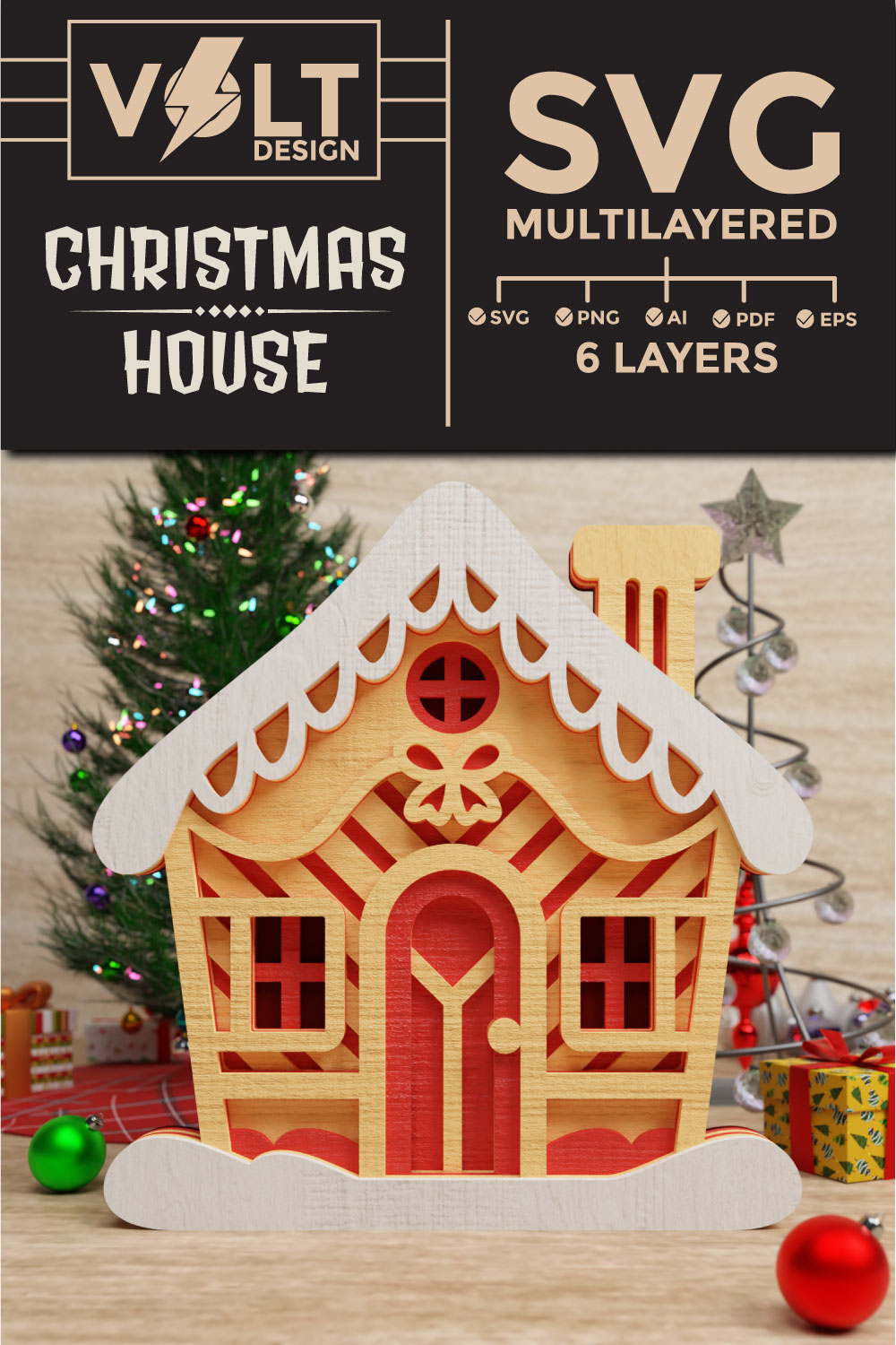 Cute Christmas House 3D SVG Multilayered pinterest preview image.