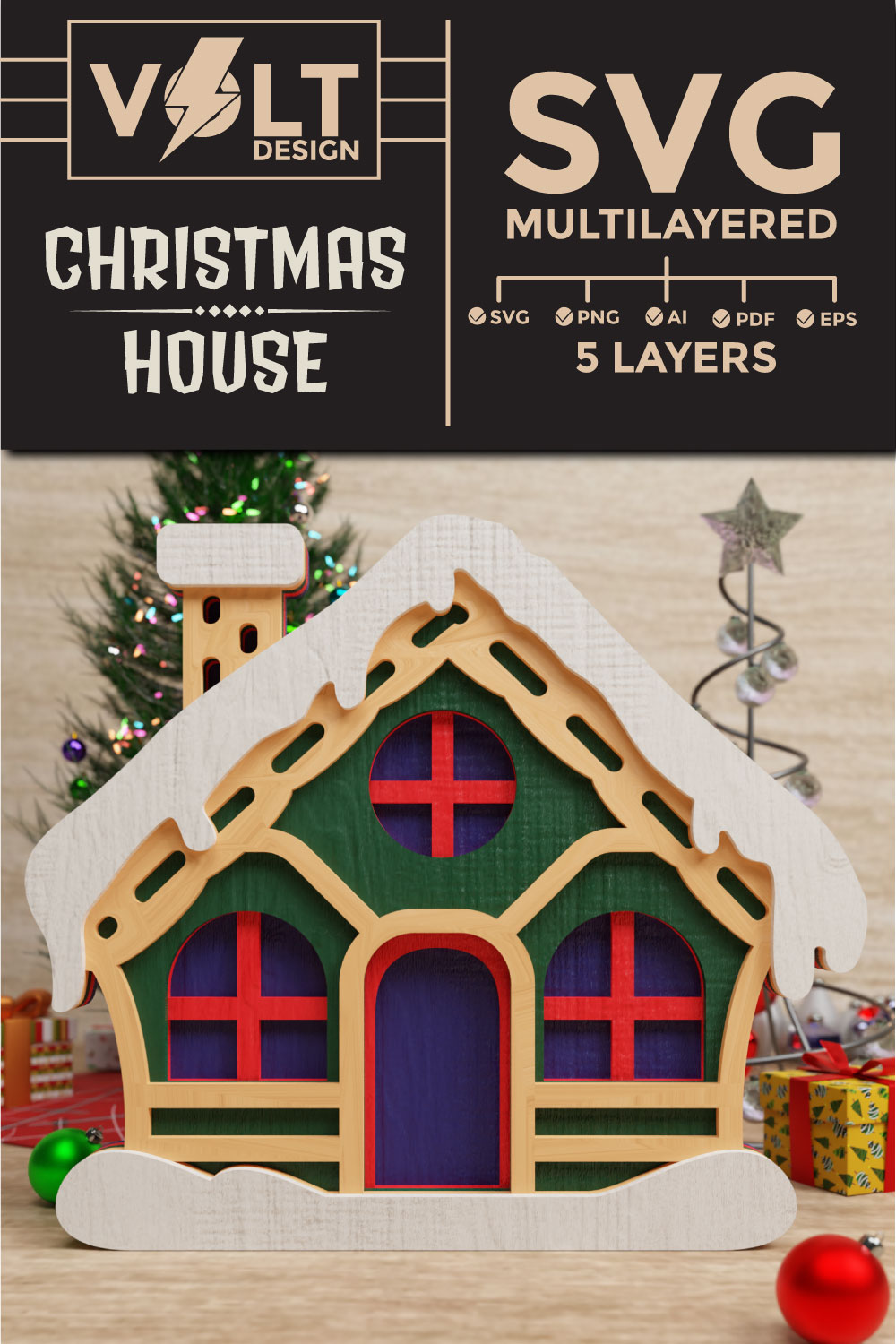 Cute Christmas House 3D SVG Multilayered pinterest preview image.