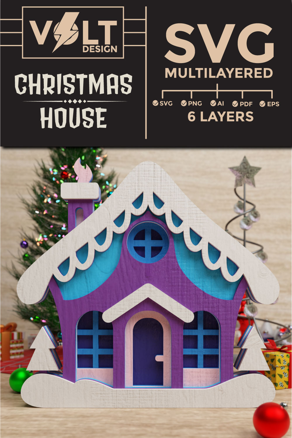 Cute Christmas House 3D SVG Multilayered pinterest preview image.