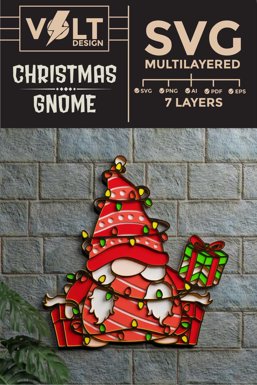 Christmas Gnome 3D SVG Multilayered pinterest preview image.