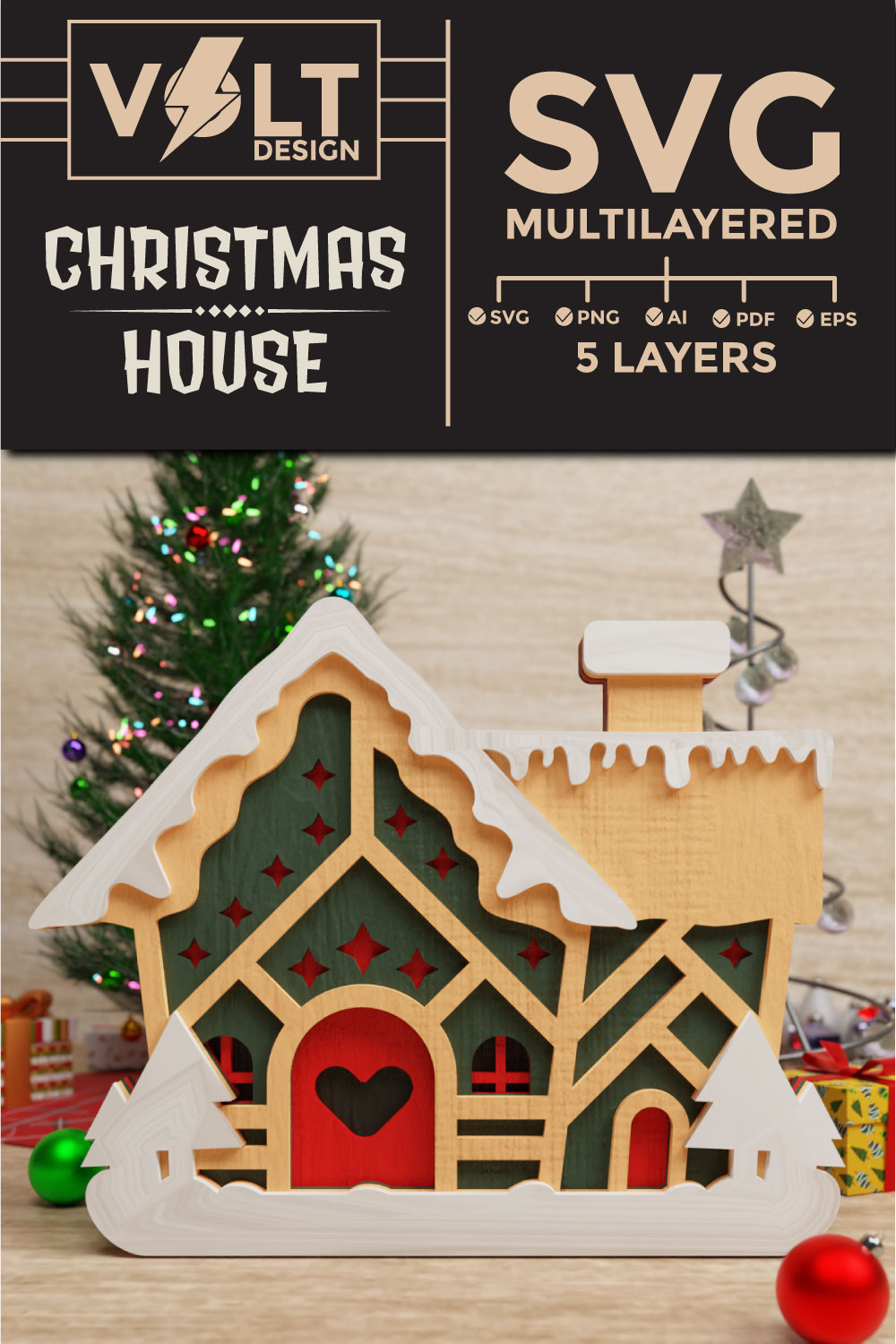 Cute Christmas House 3D SVG Multilayered pinterest preview image.