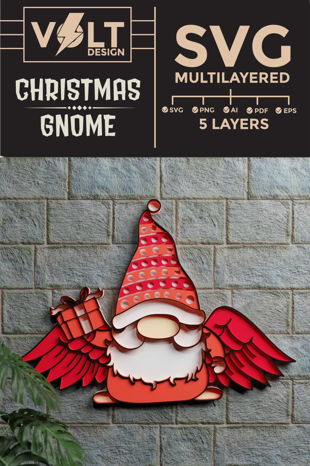 Christmas Gnome 3D SVG Multilayered pinterest preview image.