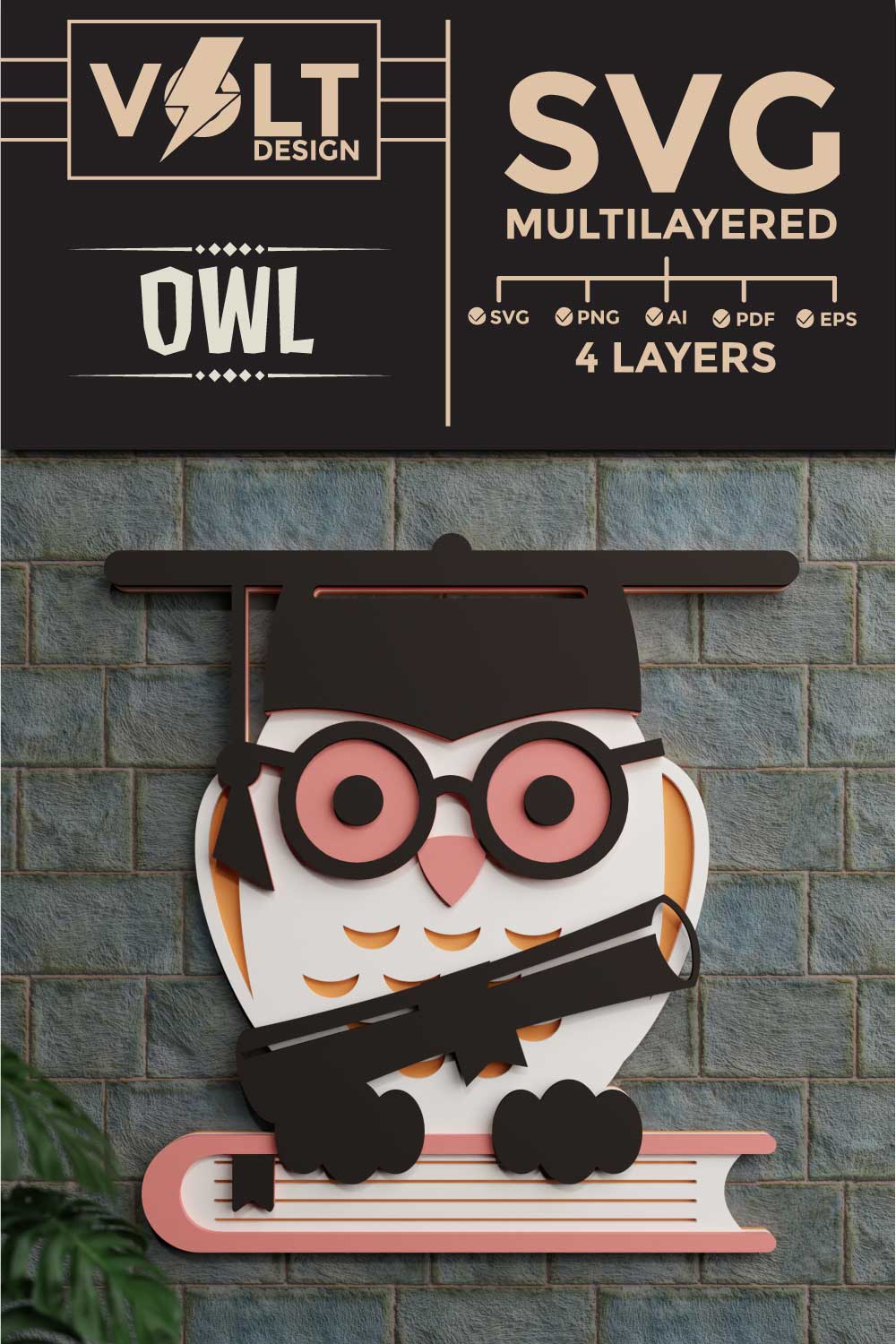 Graduation Owl 3D SVG Multilayered pinterest preview image.