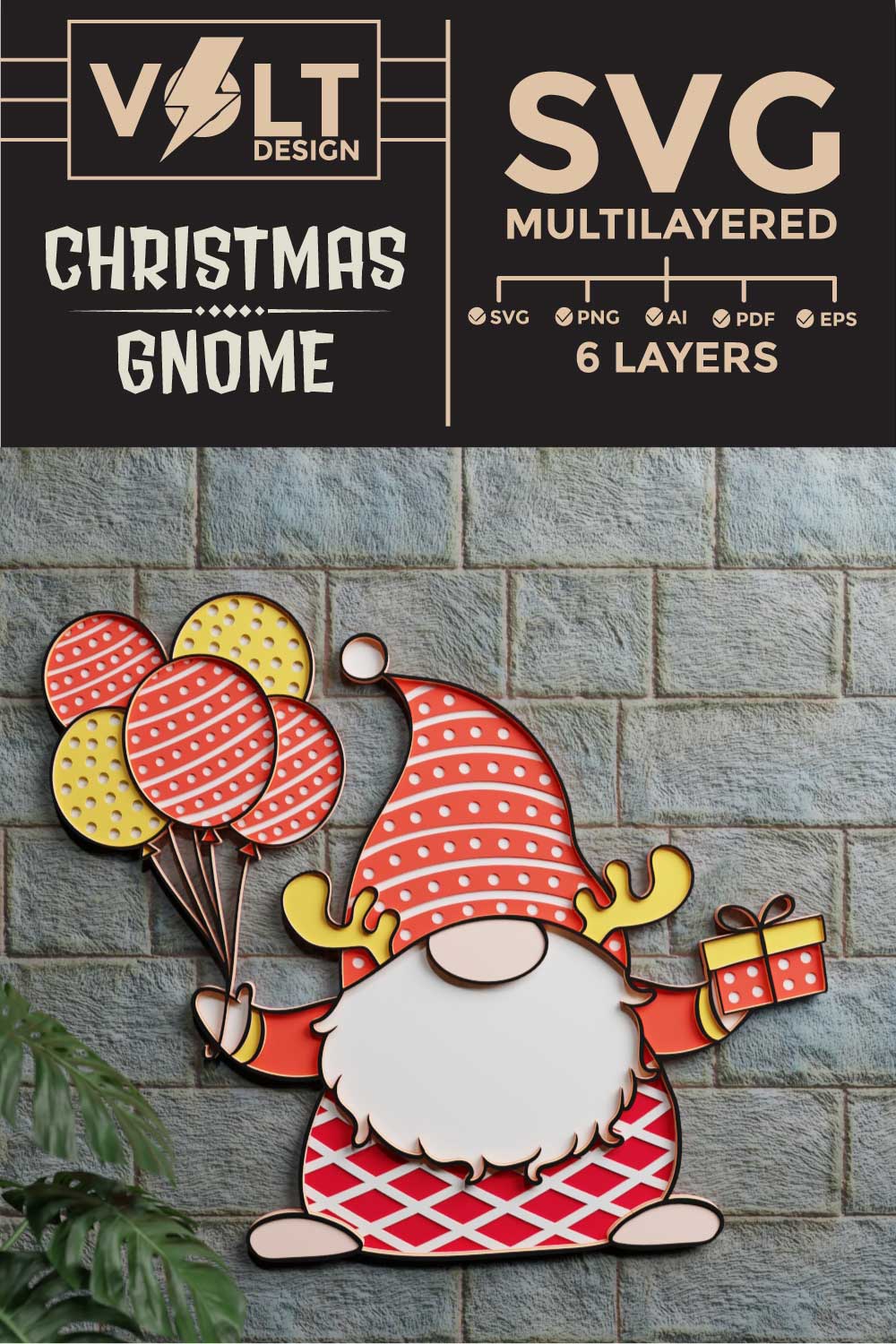 Christmas Gnome 3D SVG Multilayered pinterest preview image.