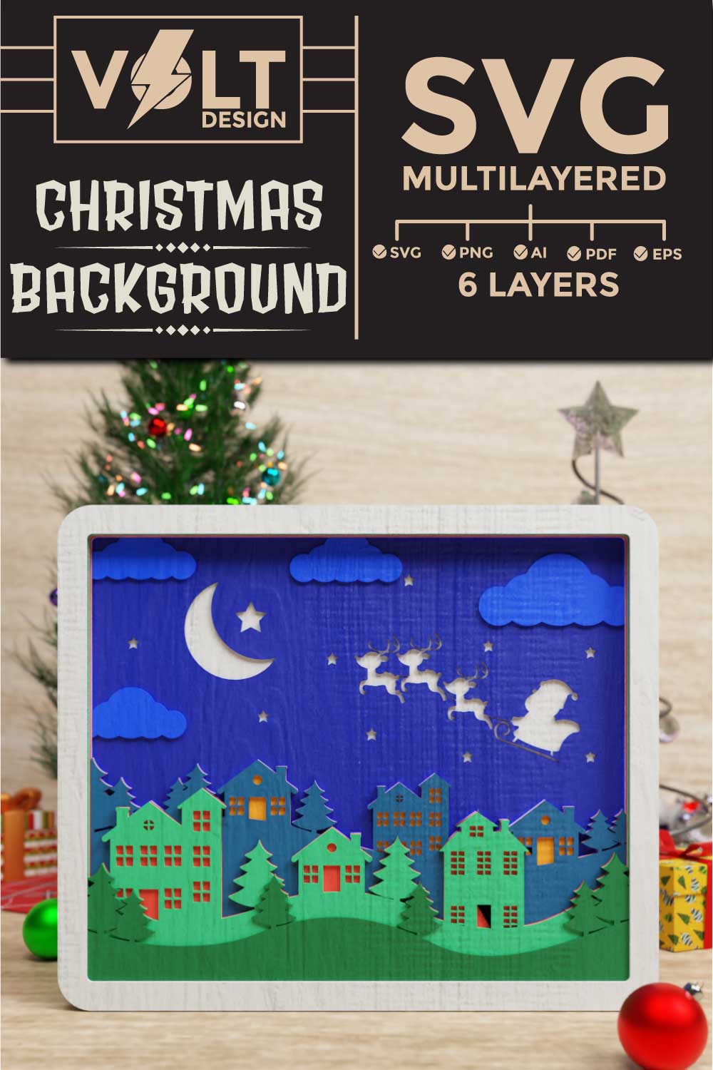 Christmas background 3D SVG multilayered pinterest preview image.