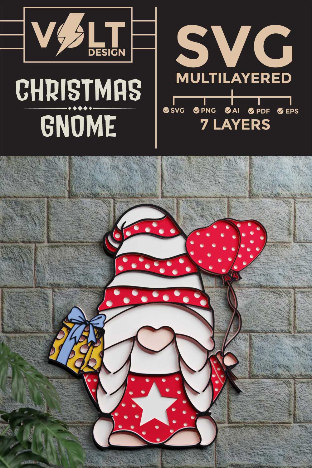 Christmas Gnome 3D SVG Multilayered pinterest preview image.