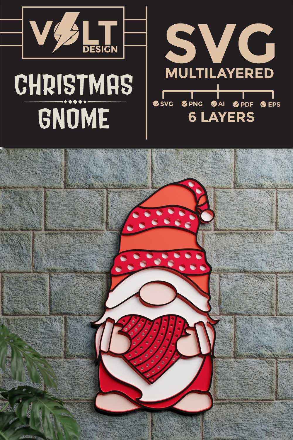 Christmas Gnome 3D SVG Multilayered pinterest preview image.