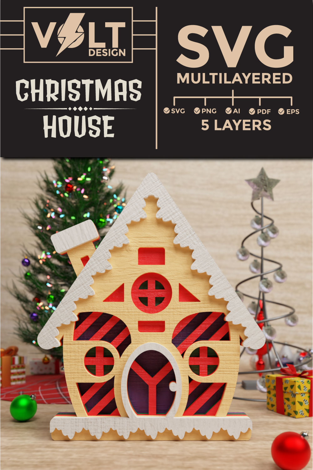 Cute Christmas House 3D SVG Multilayered pinterest preview image.