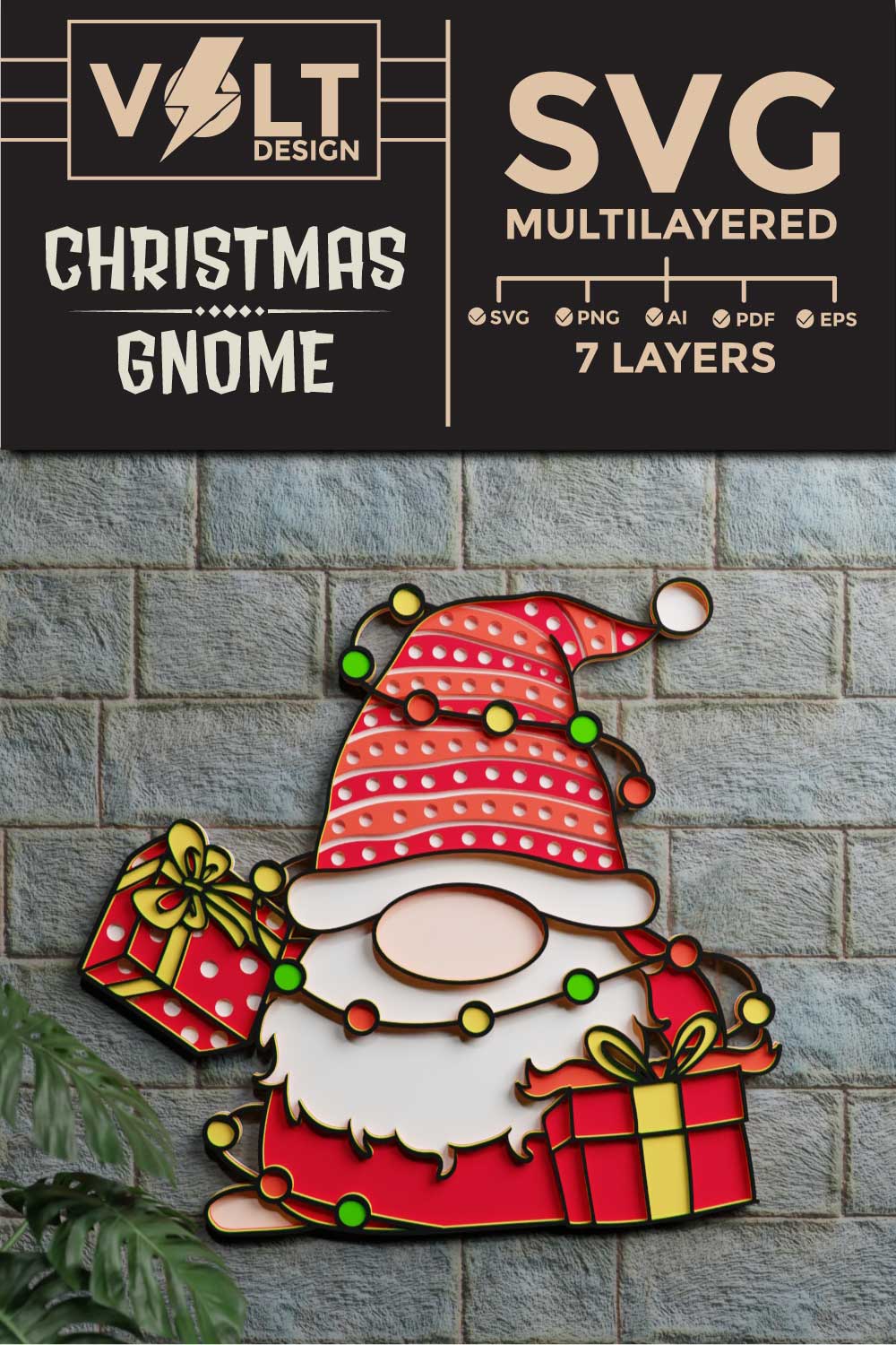 Christmas Gnome 3D SVG Multilayered pinterest preview image.