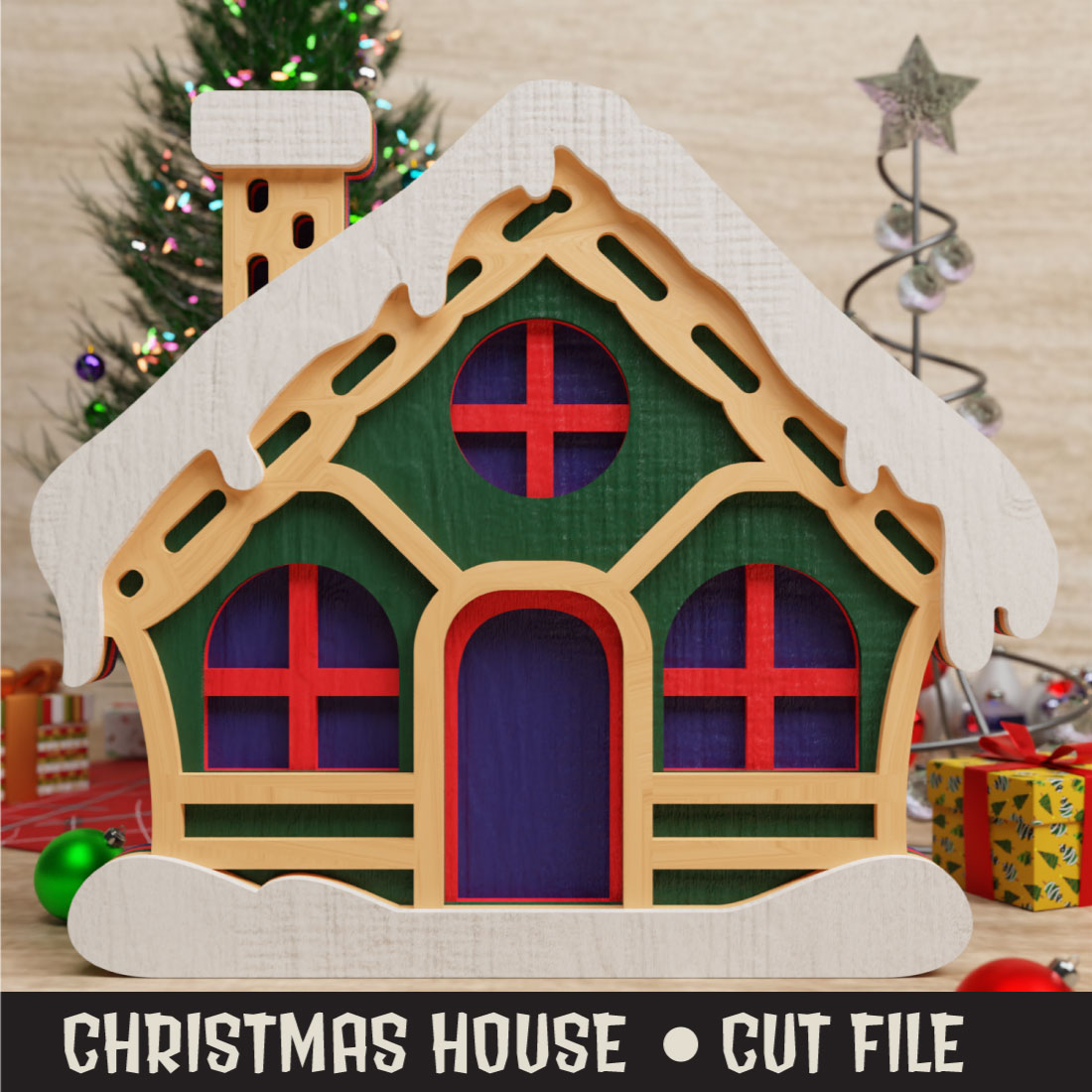 Cute Christmas House 3D SVG Multilayered preview image.