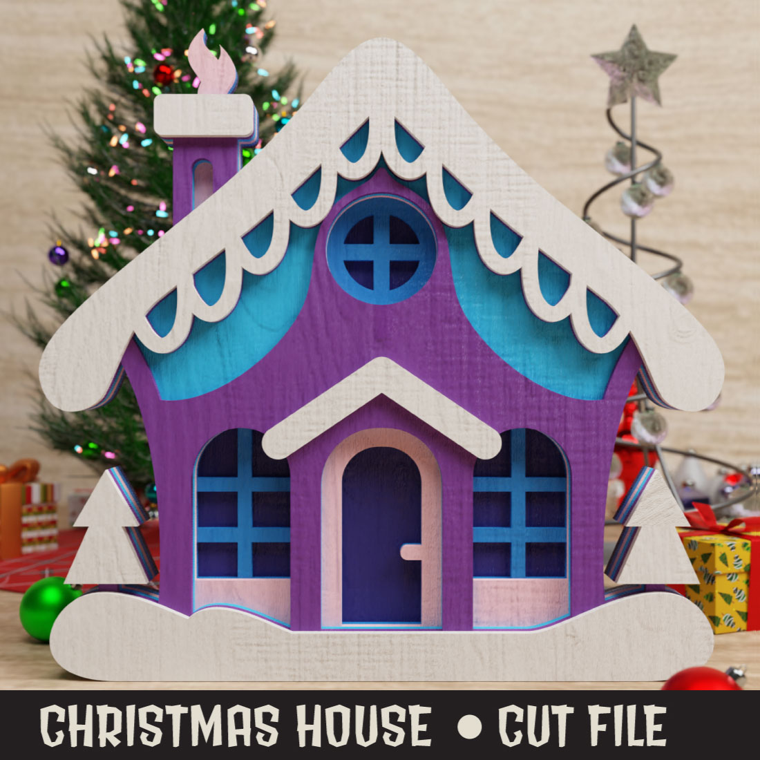 Cute Christmas House 3D SVG Multilayered preview image.