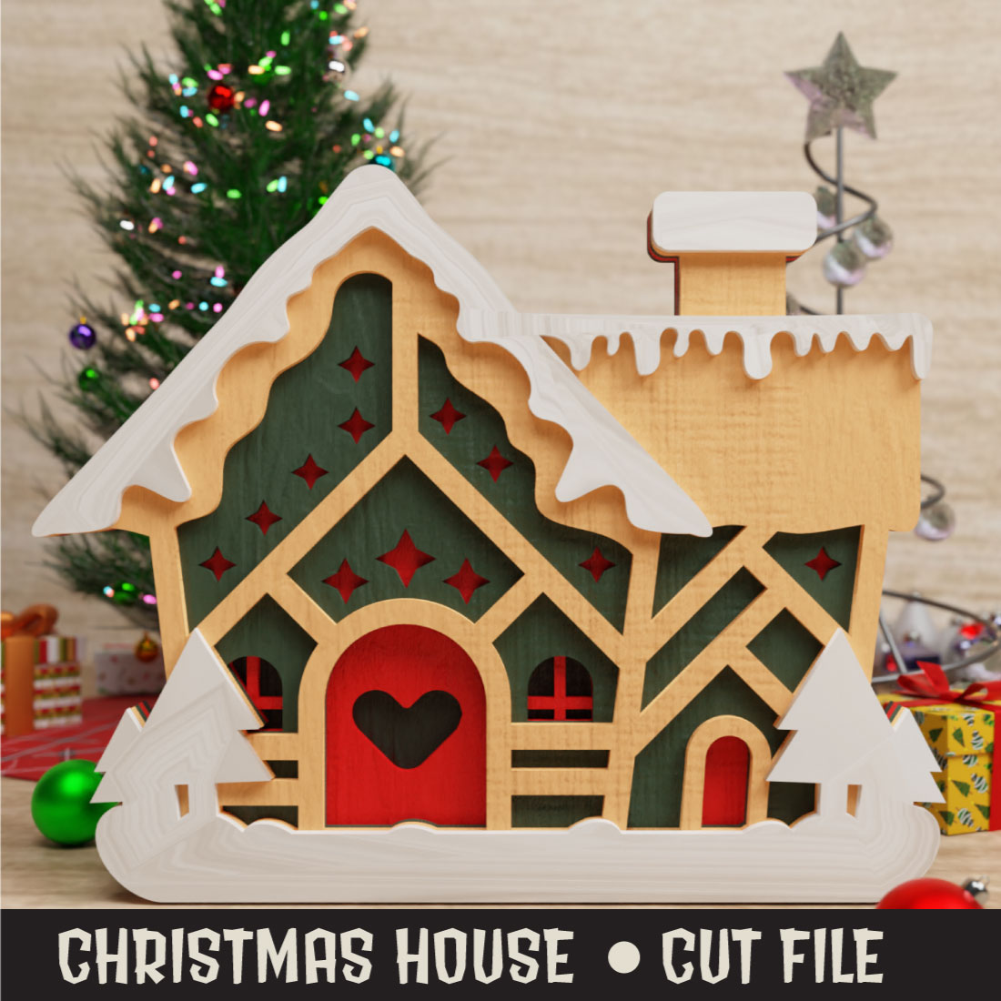 Cute Christmas House 3D SVG Multilayered preview image.