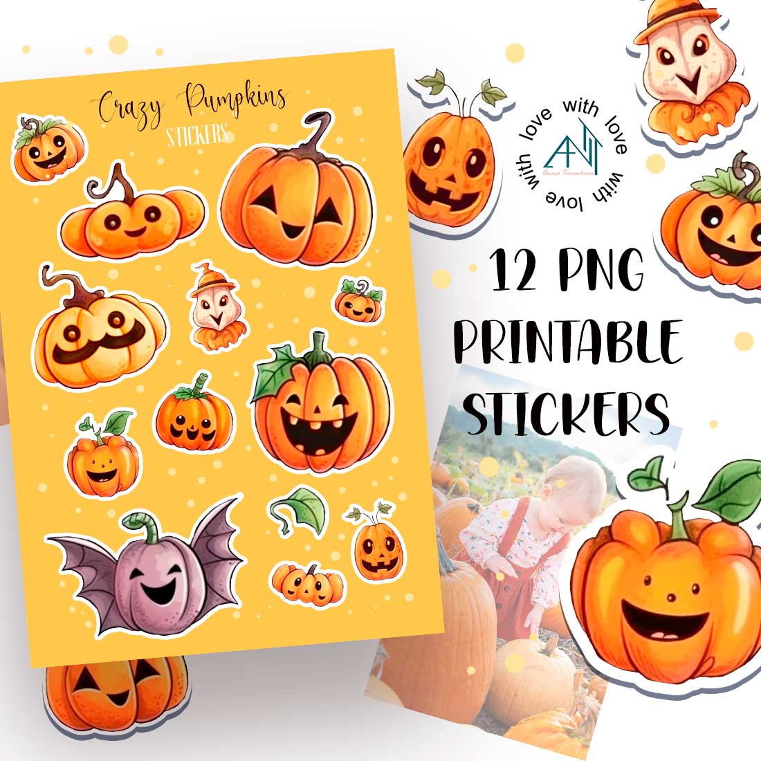 Crazy Pumpkins | 12 png sticker design cover image.