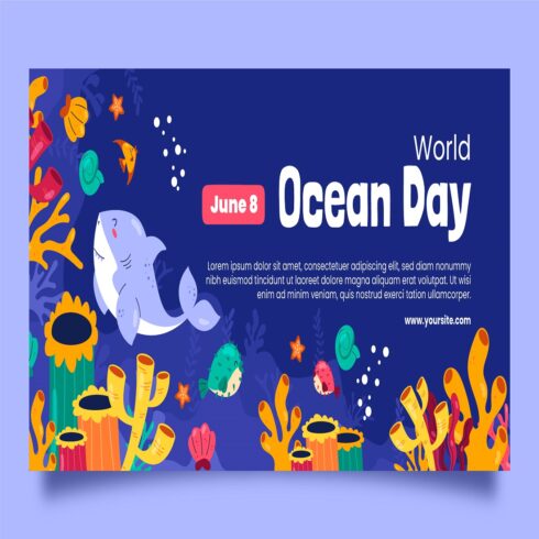 Flat world oceans day horizontal banner template cover image.