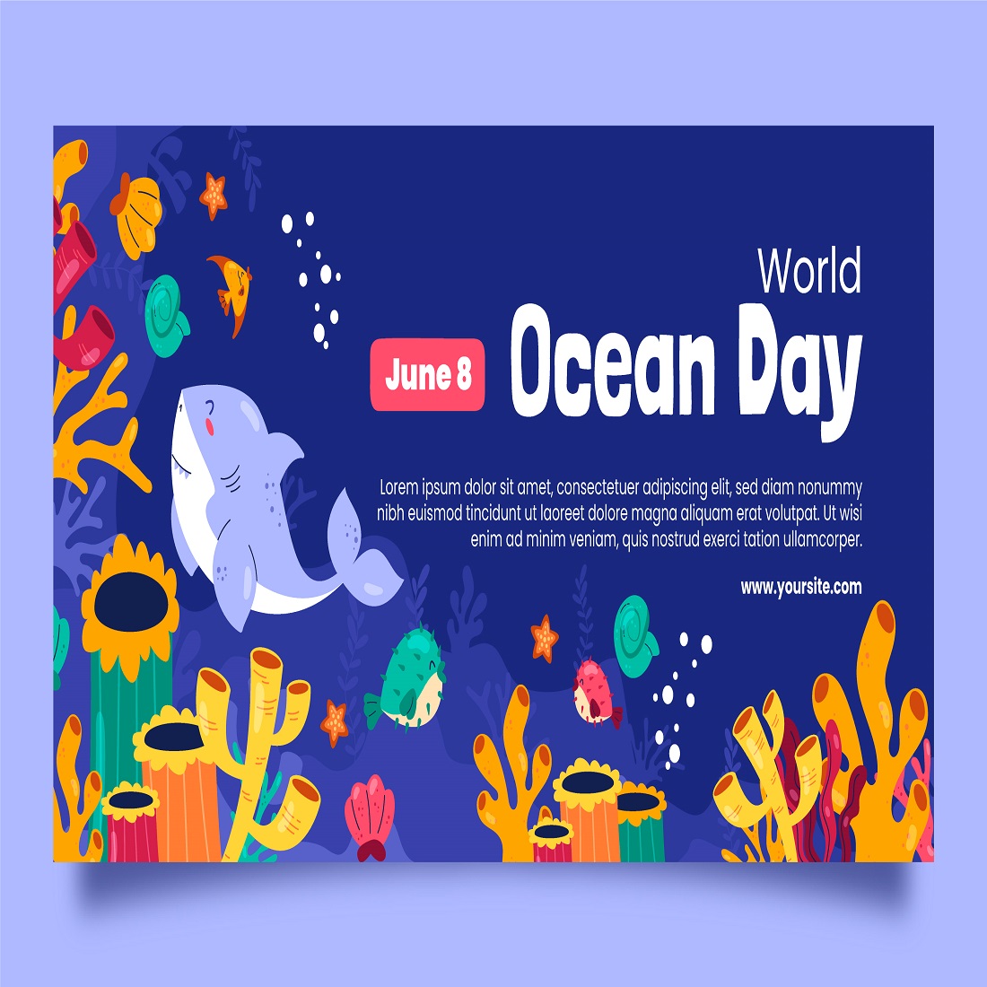 Flat world oceans day horizontal banner template preview image.