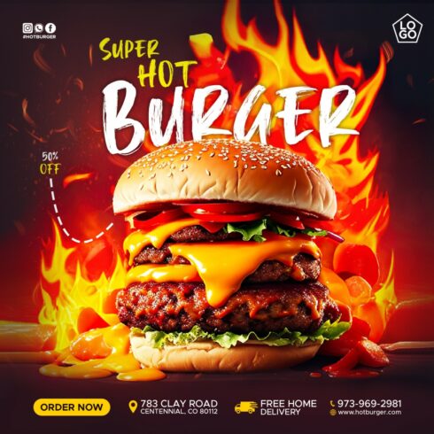 Food Flyer Template, super hot burger cover image.