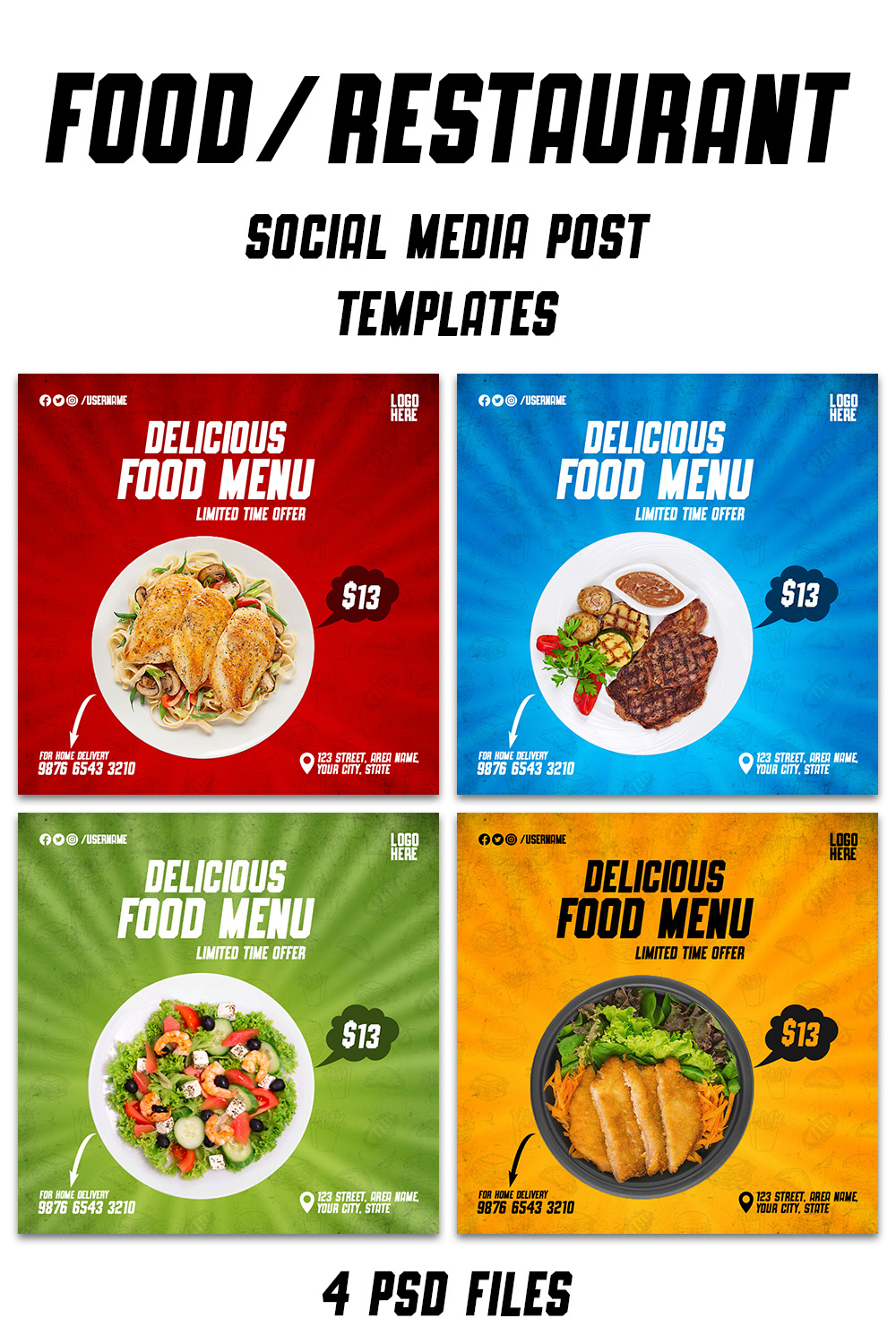 4 Delicious Food Menu Restaurant Social Media Banner Templates pinterest preview image.