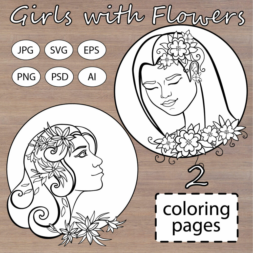 Girls with Flowers 2 coloring pages - MasterBundles