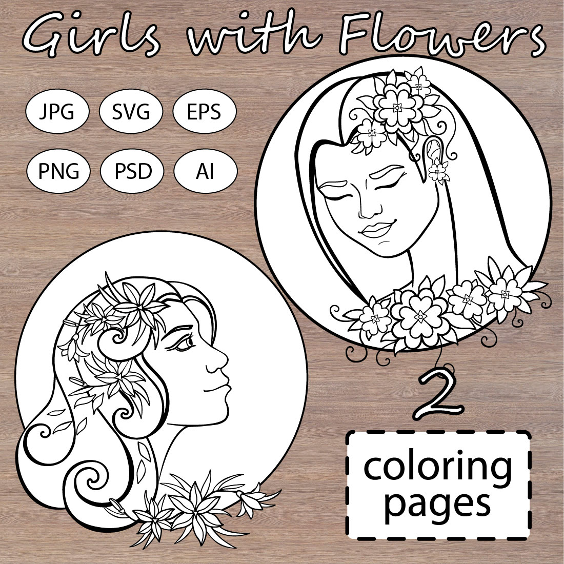 Girls with Flowers 2 coloring pages cover image.