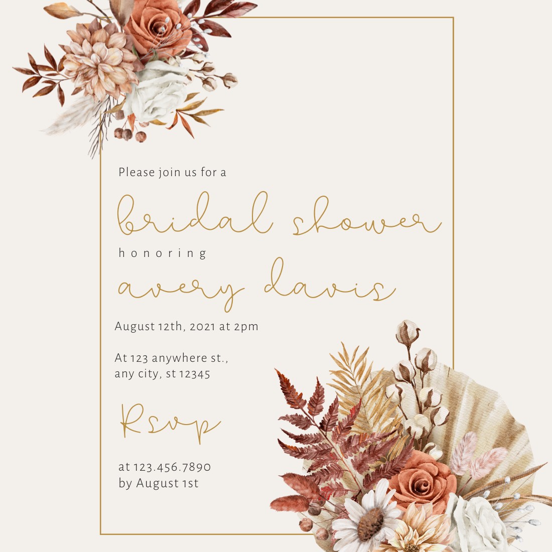 gold floral bridal shower invitation 1100 × 1100 px 1 325