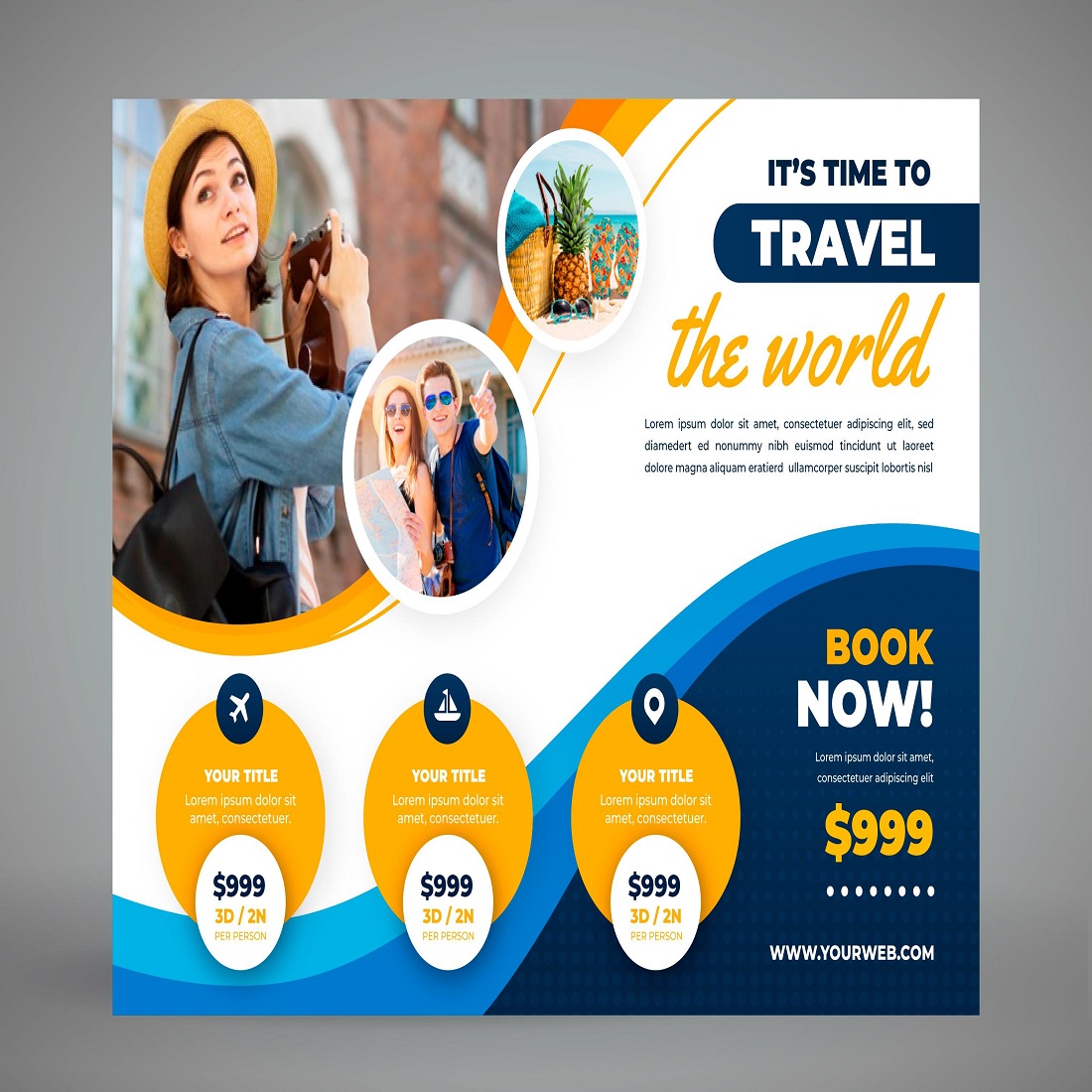 Horizontal travel banner template with photo preview image.