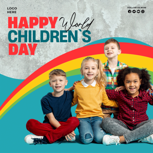 Happy world children's day with a rainbow social media post banner PSD cover image.