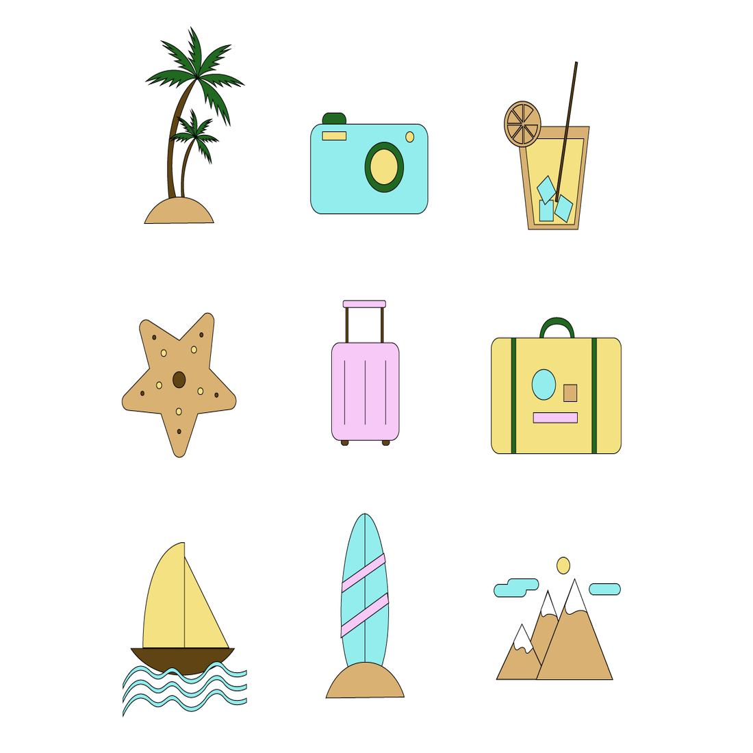 Vacation icon set preview image.