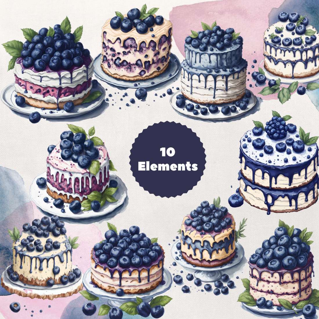 Blueberry Cakes – Digital PNG Clipart – 10 Elements preview image.