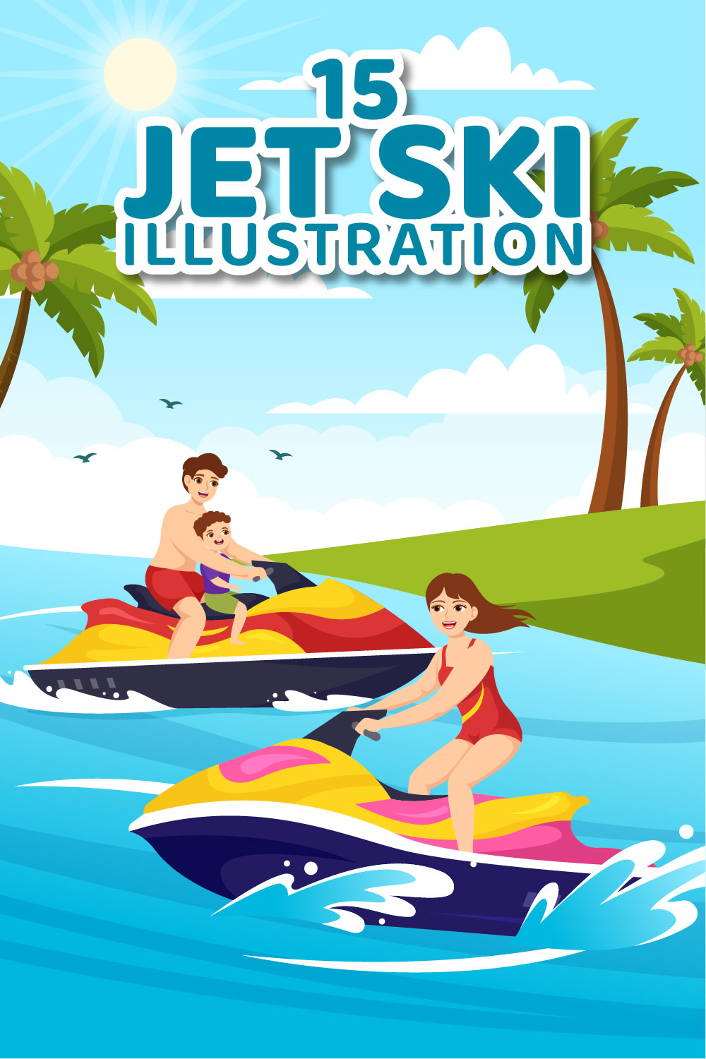 15 People Ride Jet Ski Illustration pinterest preview image.