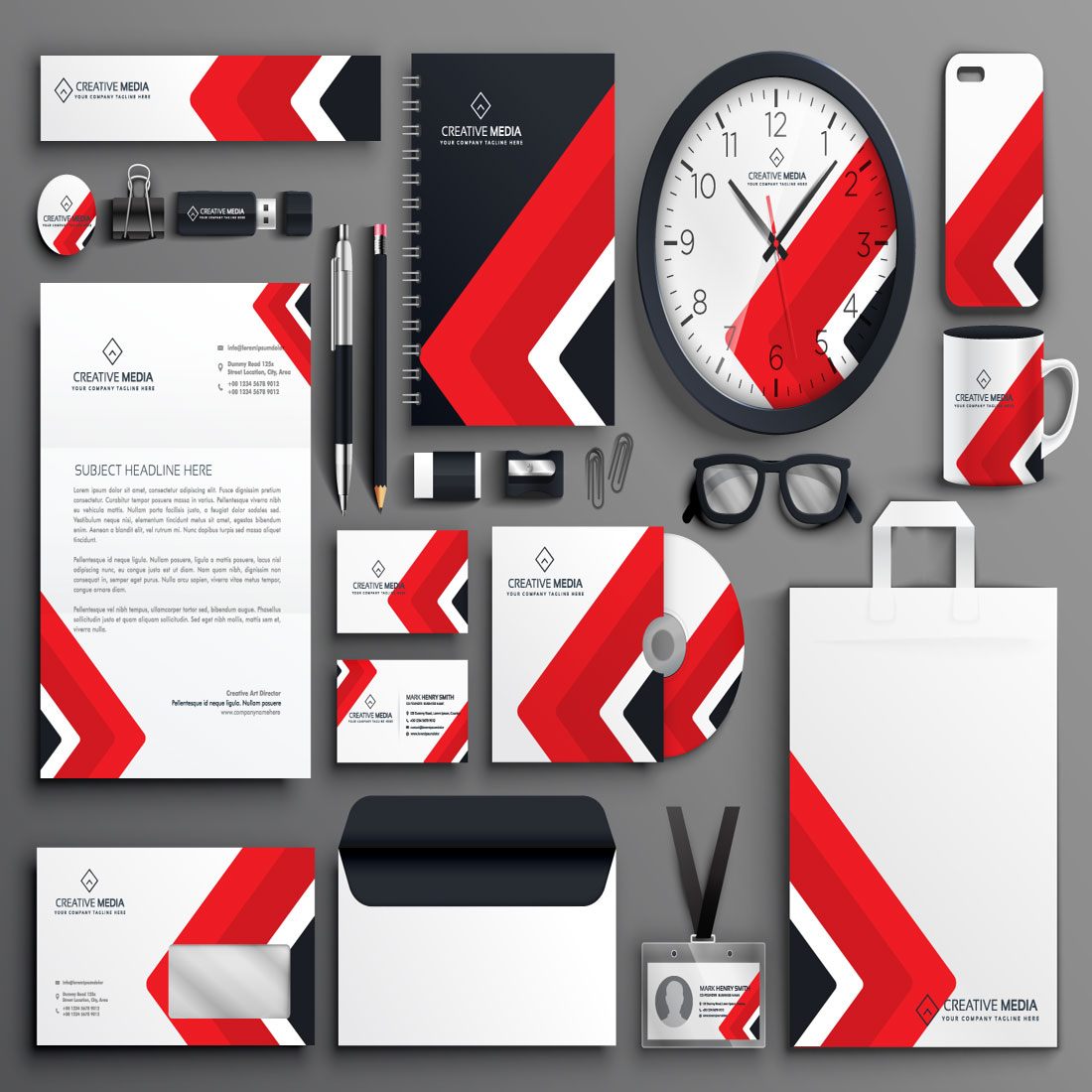 Red professional business branding stationery set preview image.