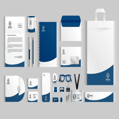 Stylish business stationery items set blue color cover image.