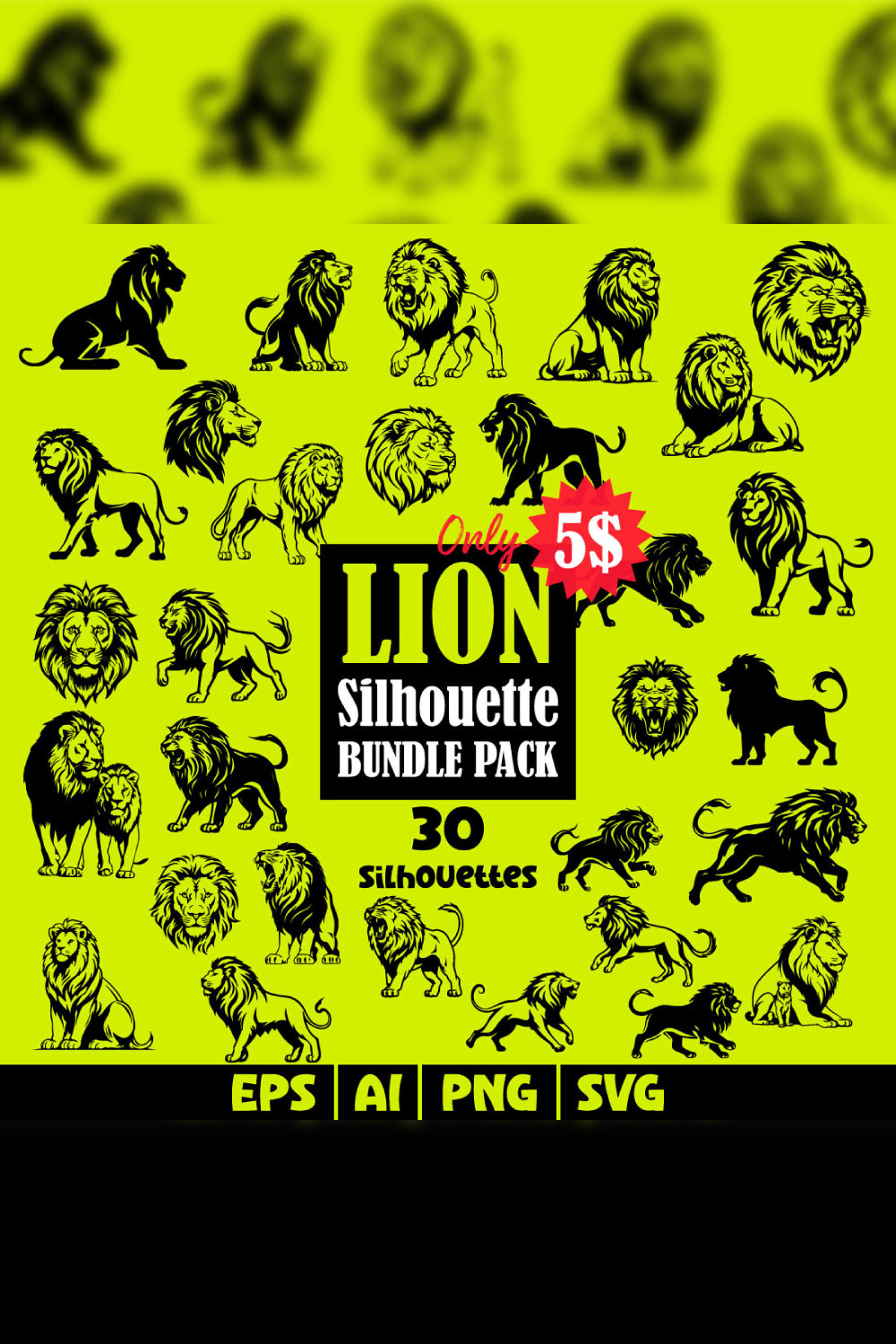 Majestic Lion Silhouette Bundle Pack | 30 Lion Silhouettes pinterest preview image.