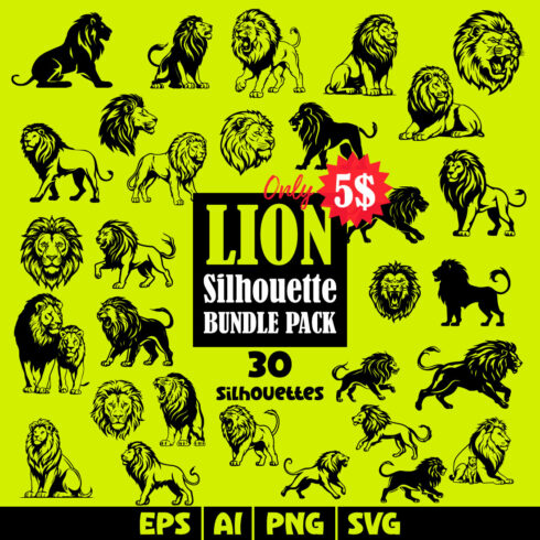 Majestic Lion Silhouette Bundle Pack | 30 Lion Silhouettes cover image.