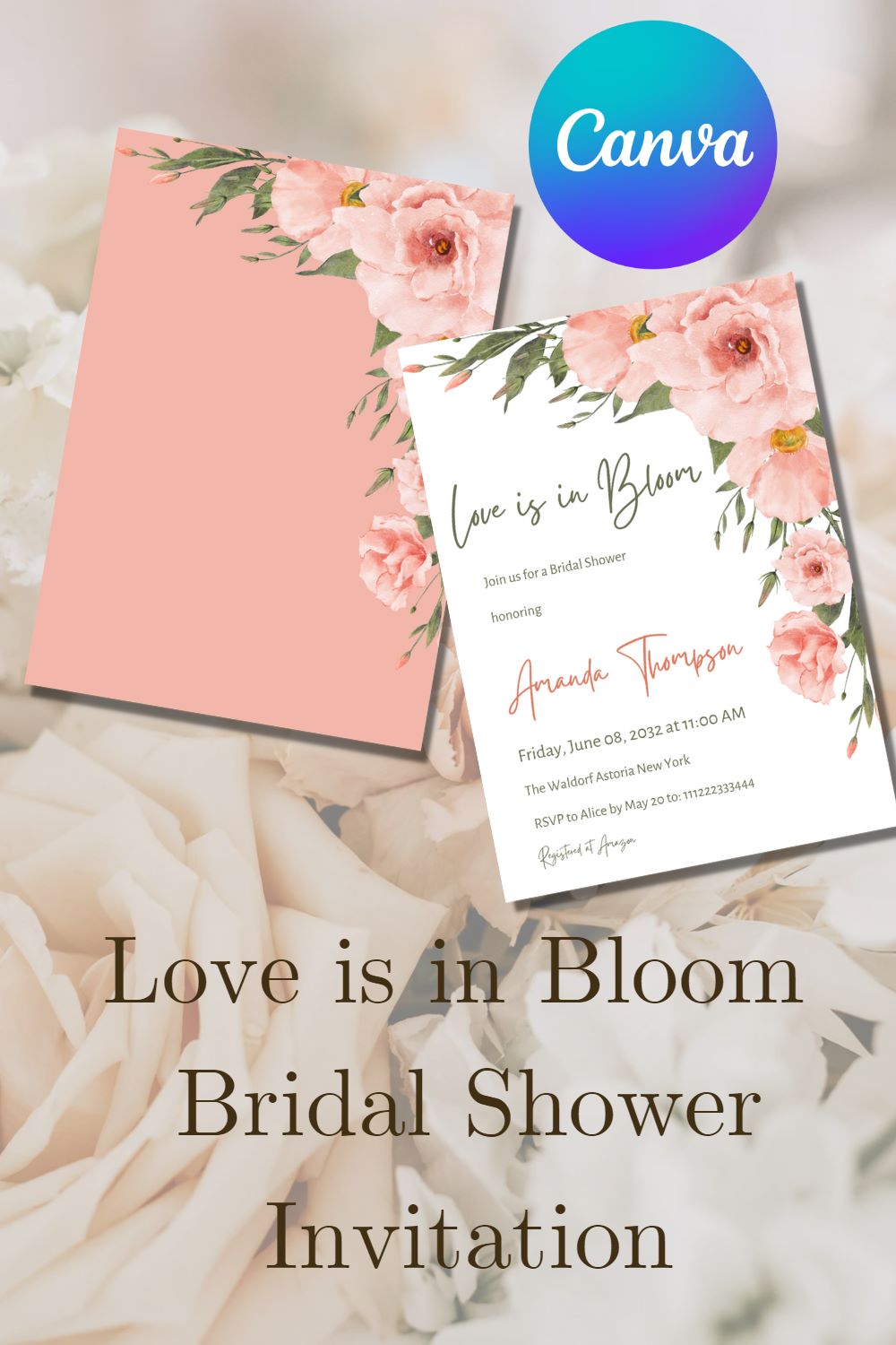 Love is in Bloom Watercolor Floral Bridal Shower Invitation pinterest preview image.
