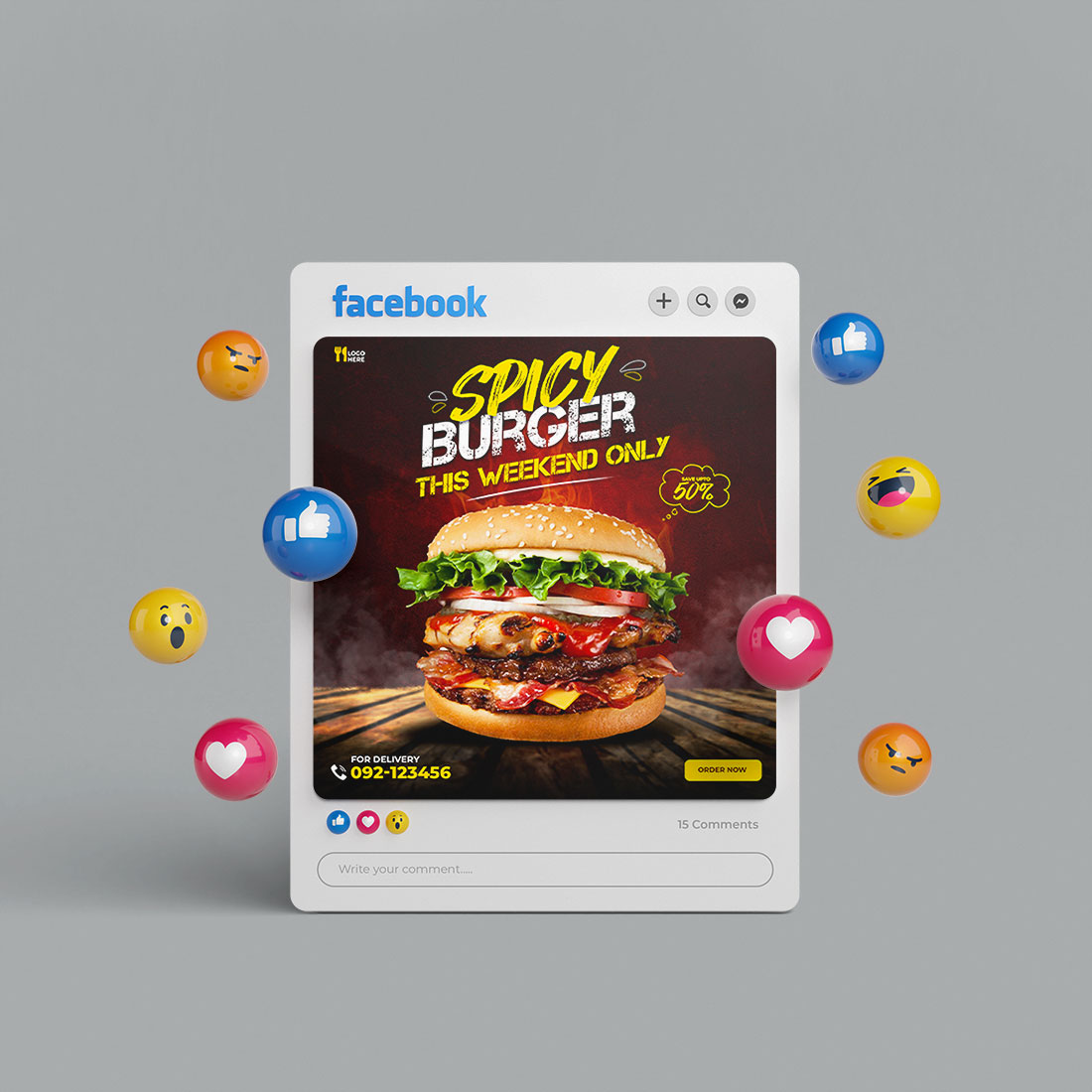 Delicious burger and food menu social media banner template preview image.