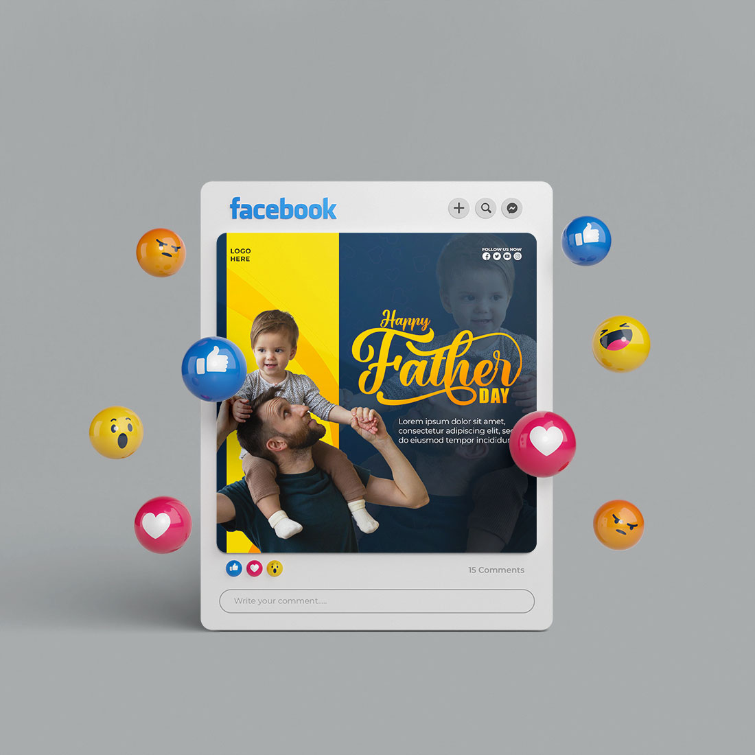 happy fathers day template design father and baby son social media post preview image.