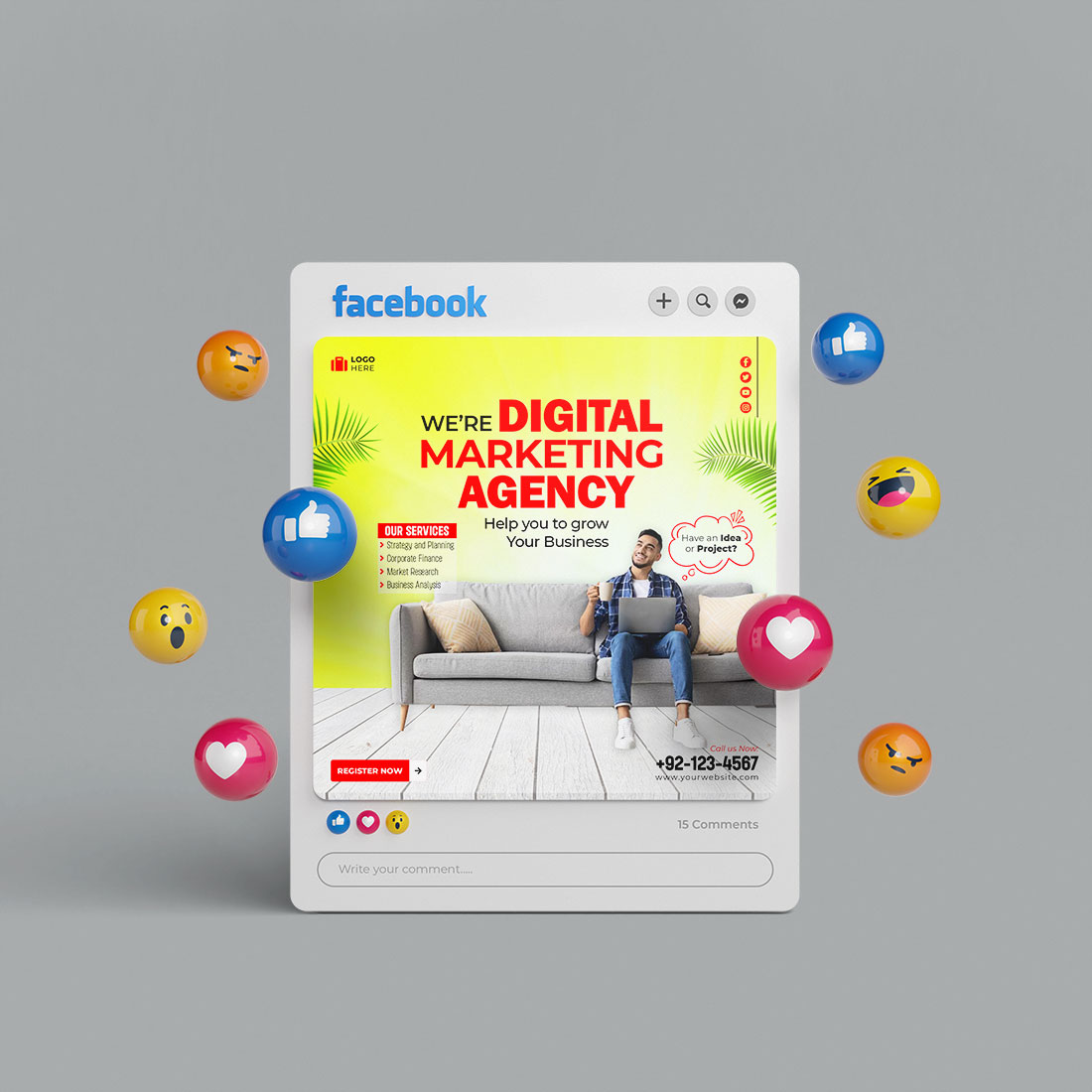 Digital marketing agency and corporate social media banner template preview image.
