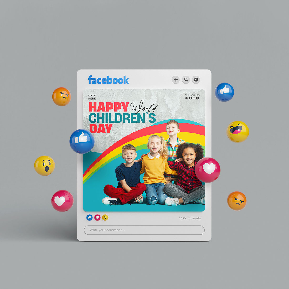 Happy world children's day with a rainbow social media post banner PSD preview image.