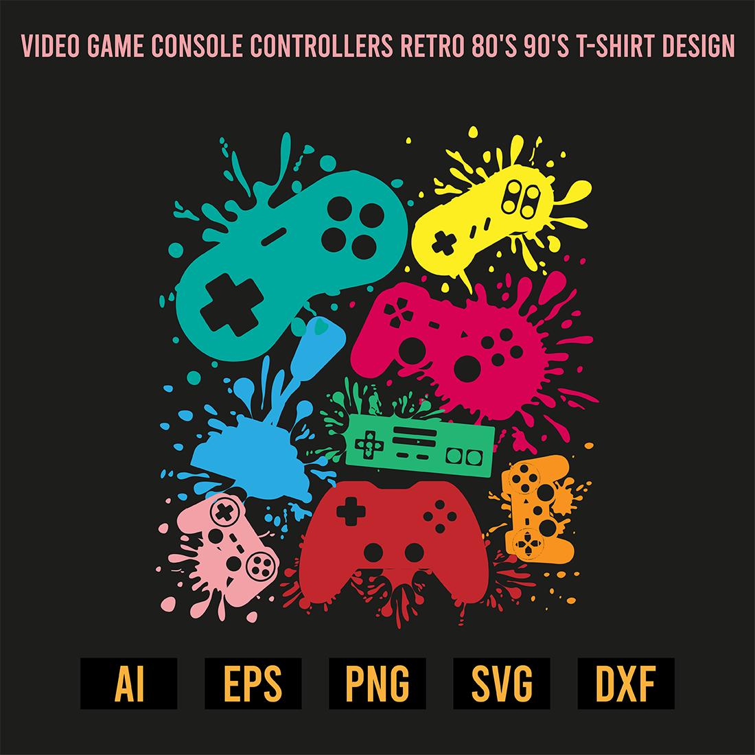 Video Game Console Controllers Retro 80's 90's T-Shirt Design preview image.