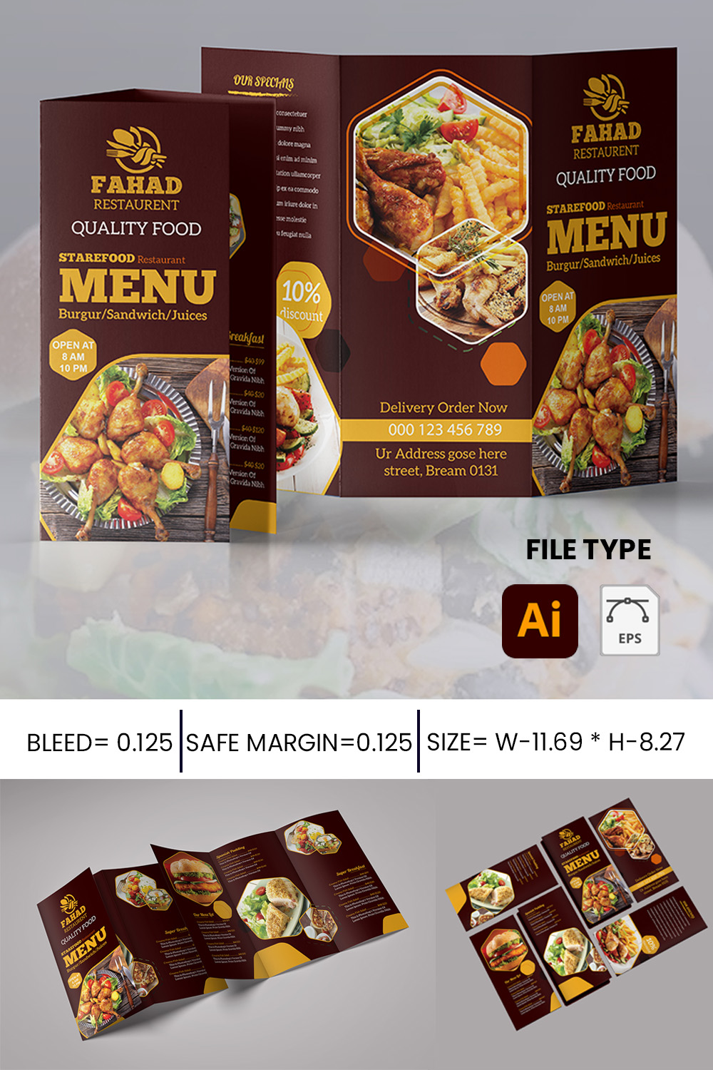 Fast Food Trifold Brochure pinterest preview image.